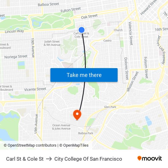 Carl St & Cole St to City College Of San Francisco map