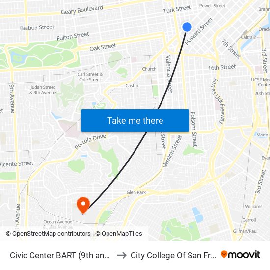 Civic Center BART (9th and Market) to City College Of San Francisco map