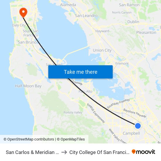 San Carlos & Meridian (W) to City College Of San Francisco map