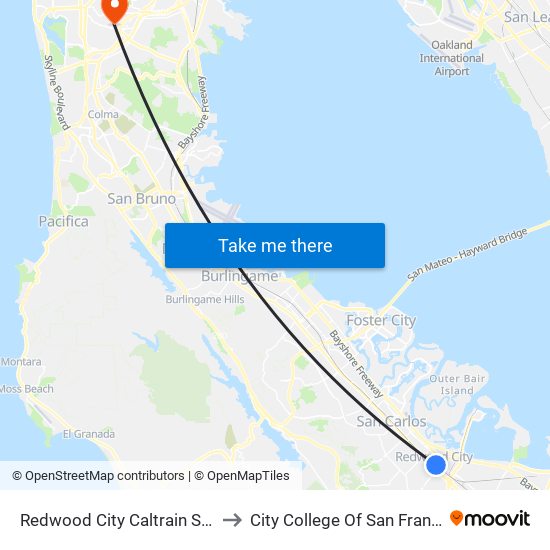 Redwood City Caltrain Station to City College Of San Francisco map