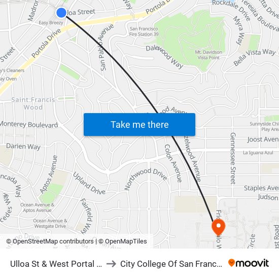 Ulloa St & West Portal Ave to City College Of San Francisco map