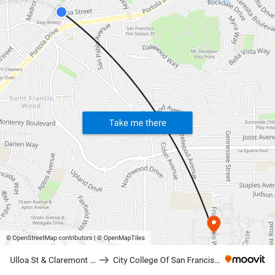 Ulloa St & Claremont St to City College Of San Francisco map