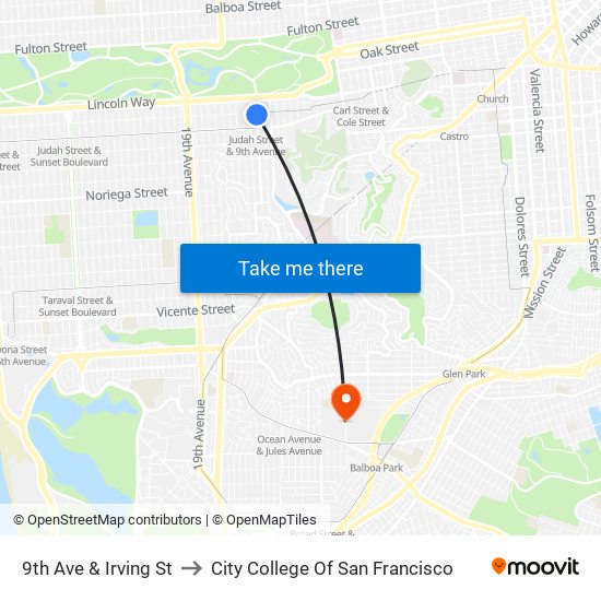 9th Ave & Irving St to City College Of San Francisco map