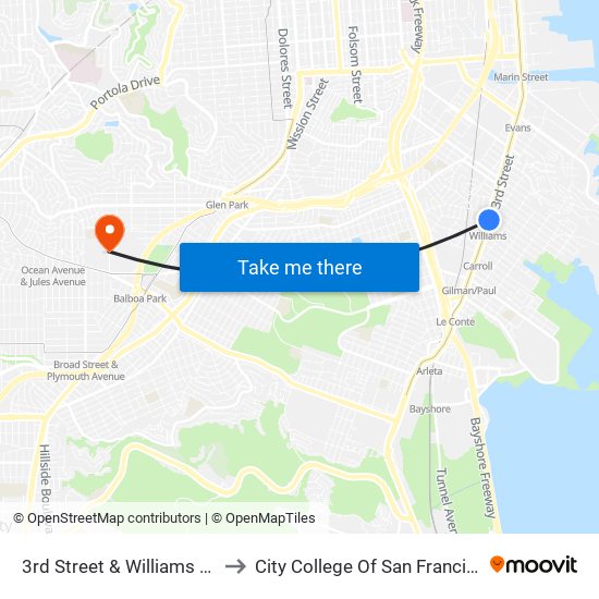 3rd Street & Williams Ave to City College Of San Francisco map
