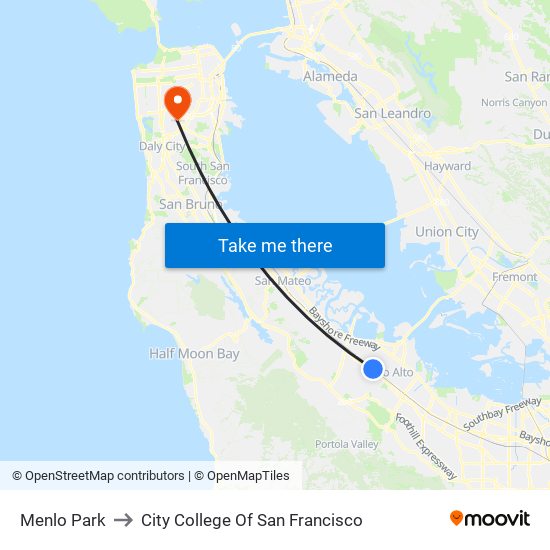 Menlo Park to City College Of San Francisco map