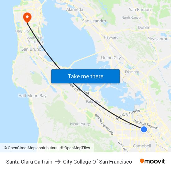 Santa Clara Caltrain to City College Of San Francisco map