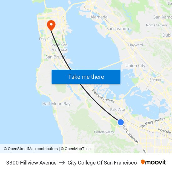 3300 Hillview Avenue to City College Of San Francisco map