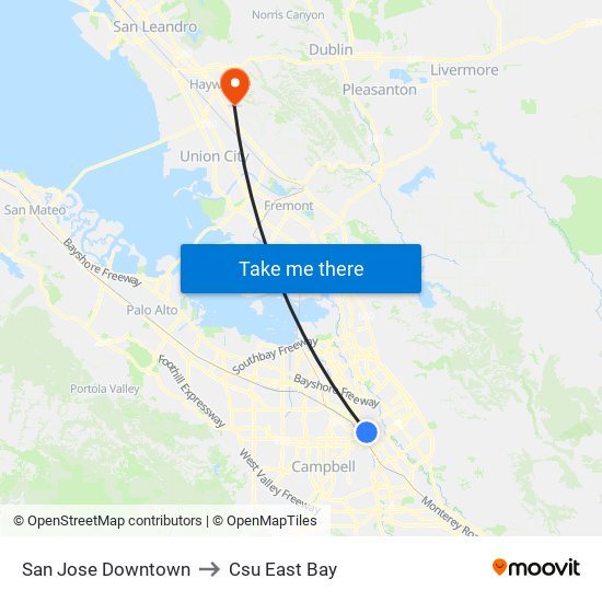 San Jose Downtown to Csu East Bay map