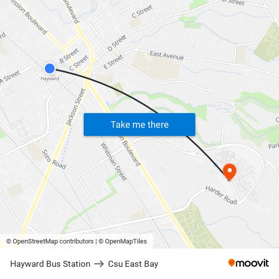 Hayward Bus Station to Csu East Bay map
