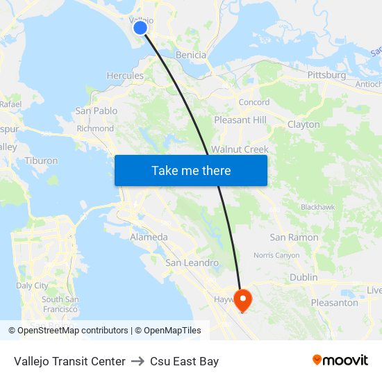 Vallejo Transit Center to Csu East Bay map