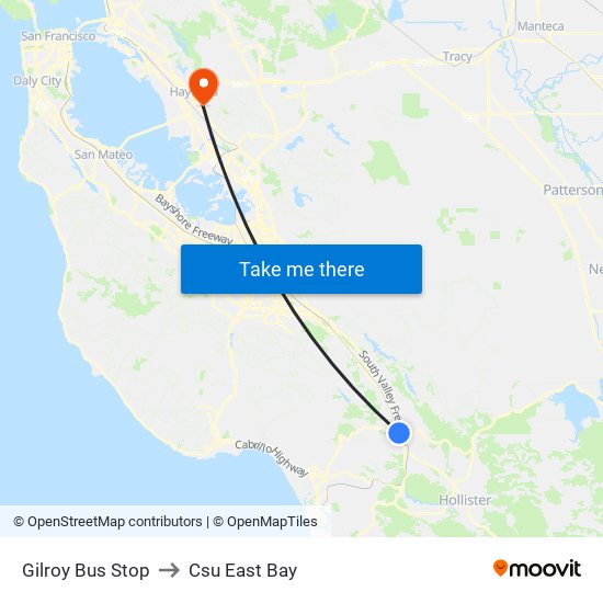 Gilroy Bus Stop to Csu East Bay map