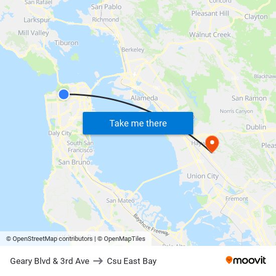 Geary Blvd & 3rd Ave to Csu East Bay map