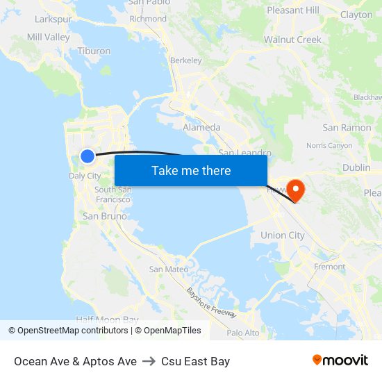 Ocean Ave & Aptos Ave to Csu East Bay map