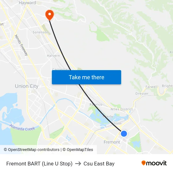 Fremont BART (Line U Stop) to Csu East Bay map