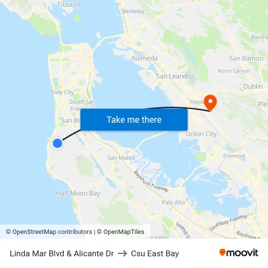 Linda Mar Blvd & Alicante Dr to Csu East Bay map