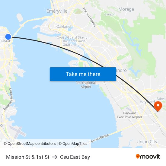 Mission St & 1st St to Csu East Bay map