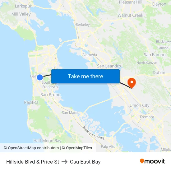 Hillside Blvd & Price St to Csu East Bay map