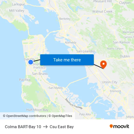 Colma BART-Bay 10 to Csu East Bay map