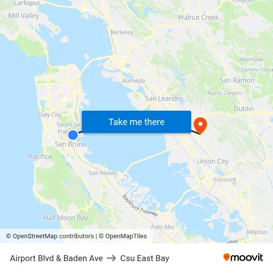 Airport Blvd & Baden Ave to Csu East Bay map