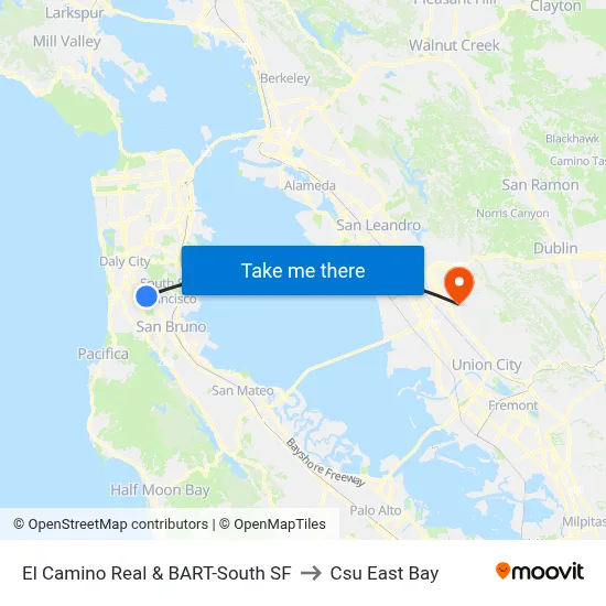 El Camino Real & BART-South SF to Csu East Bay map