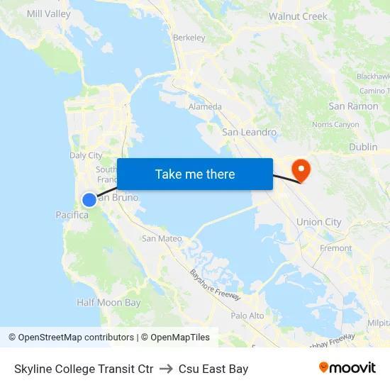 Skyline College Transit Ctr to Csu East Bay map
