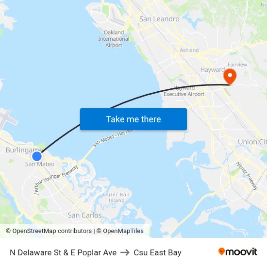 N Delaware St & E Poplar Ave to Csu East Bay map