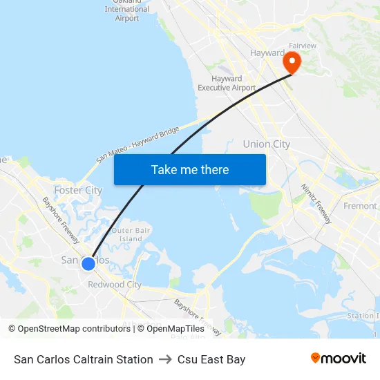 San Carlos Caltrain Station to Csu East Bay map