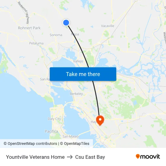 Yountville Veterans Home to Csu East Bay map