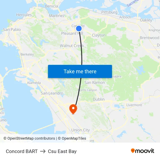 Concord BART to Csu East Bay map