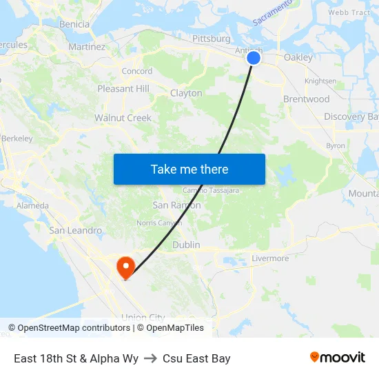 East 18th St & Alpha Wy to Csu East Bay map