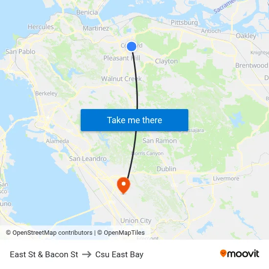 East St & Bacon St to Csu East Bay map