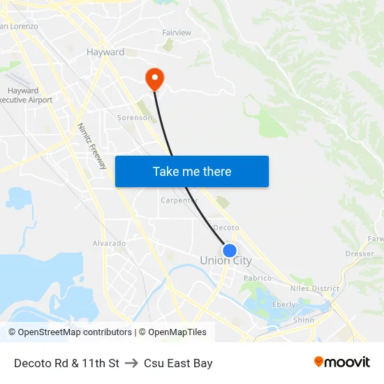 Decoto Rd & 11th St to Csu East Bay map