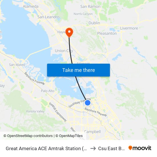 Great America ACE Amtrak Station (N) to Csu East Bay map