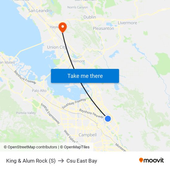 King & Alum Rock (S) to Csu East Bay map