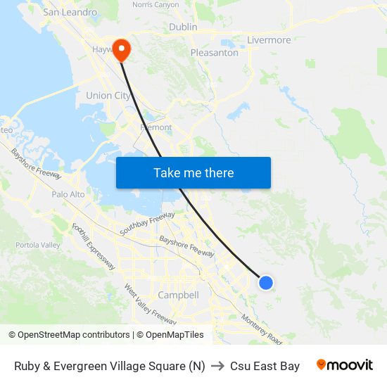 Ruby & Evergreen Village Square (N) to Csu East Bay map