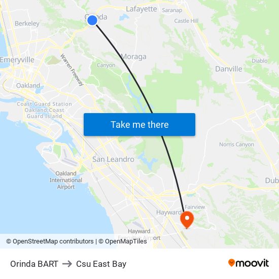 Orinda BART to Csu East Bay map