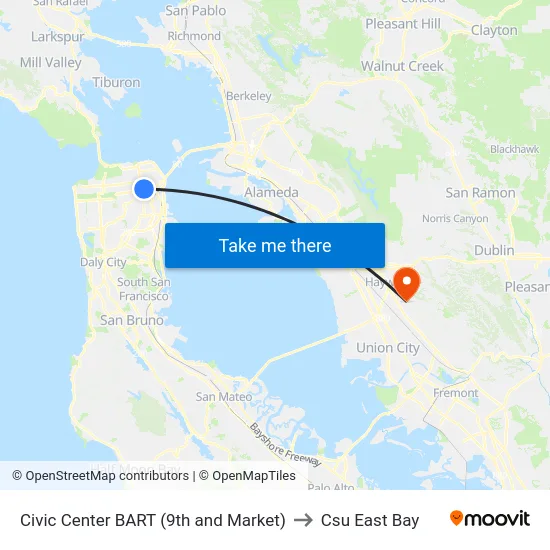 Civic Center BART (9th and Market) to Csu East Bay map