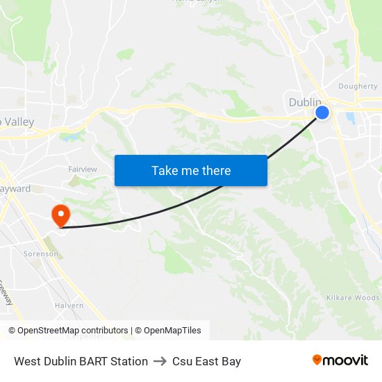 West Dublin BART Station to Csu East Bay map