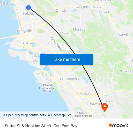 Sutter St & Hopkins St to Csu East Bay map