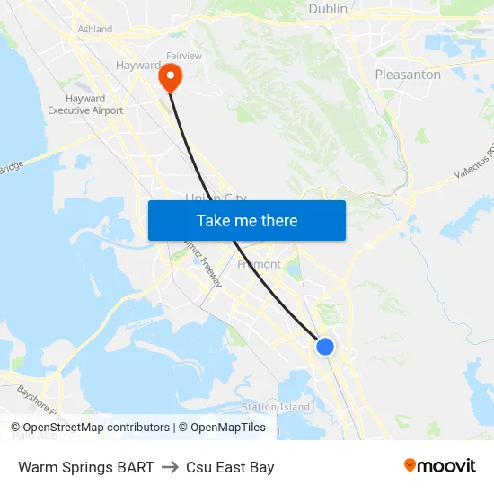 Warm Springs BART to Csu East Bay map