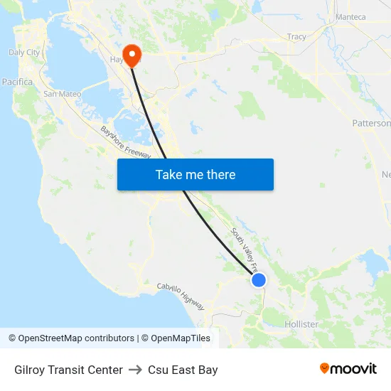 Gilroy Transit Center to Csu East Bay map