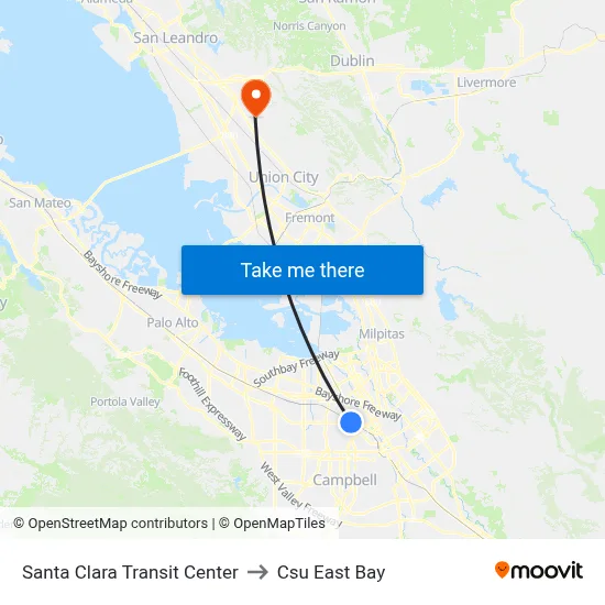 Santa Clara Transit Center to Csu East Bay map