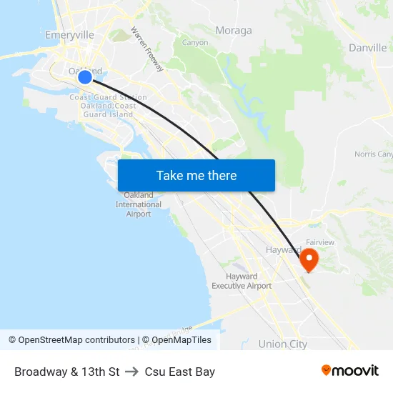 Broadway & 13th St to Csu East Bay map
