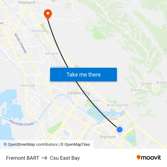 Fremont BART to Csu East Bay map