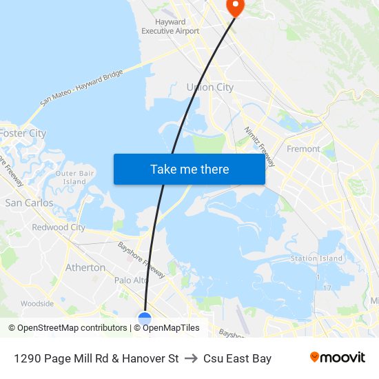 1290 Page Mill Rd & Hanover St to Csu East Bay map