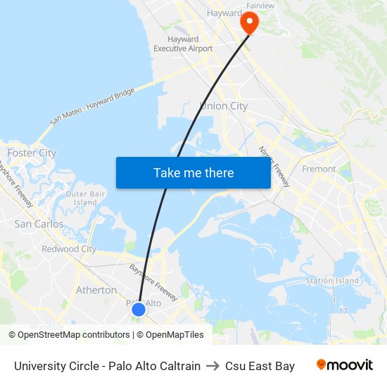 University Circle - Palo Alto Caltrain to Csu East Bay map