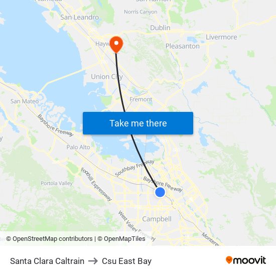 Santa Clara Caltrain to Csu East Bay map