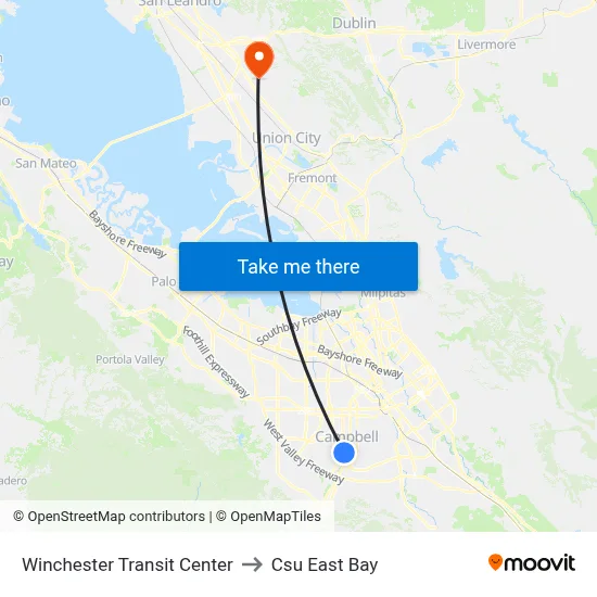 Winchester Transit Center to Csu East Bay map