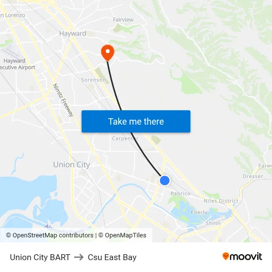 Union City BART to Csu East Bay map