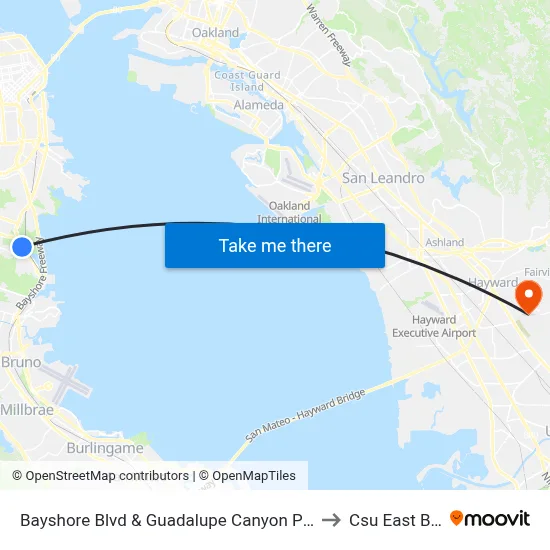 Bayshore Blvd & Guadalupe Canyon Pkwy to Csu East Bay map